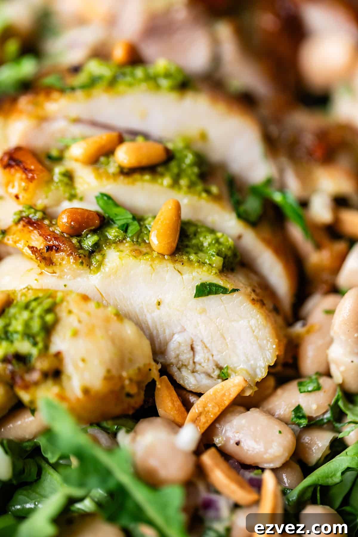 Close-up of sliced grilled chicken breast topped with green pesto and pine nuts, served on a bed of salad greens and white beans.
