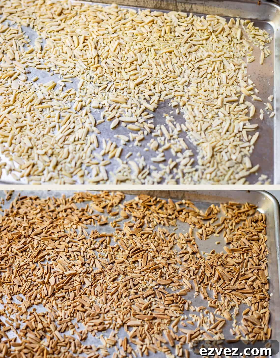 Two side-by-side images of a baking sheet: the top half shows raw slivered almonds, and the bottom half shows the same almonds toasted to a golden brown.