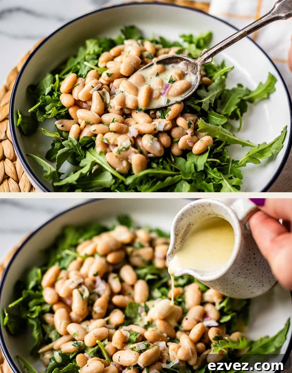 Two images show a fresh salad with arugula and white beans. In the first, a spoon drizzles dressing over the salad. In the second, a hand pours creamy dressing from a small pitcher onto the salad.