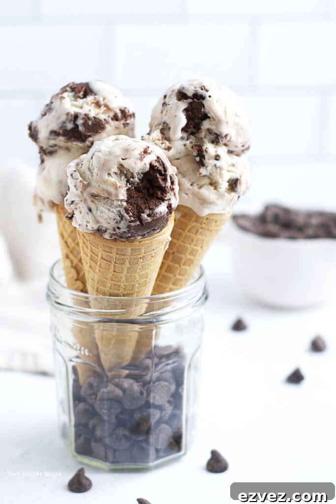 Brownie Batter Ice Cream Recipe: Rich Homemade Ice Cream with Fudge Chunks 5 three ice cream cones in glass jar