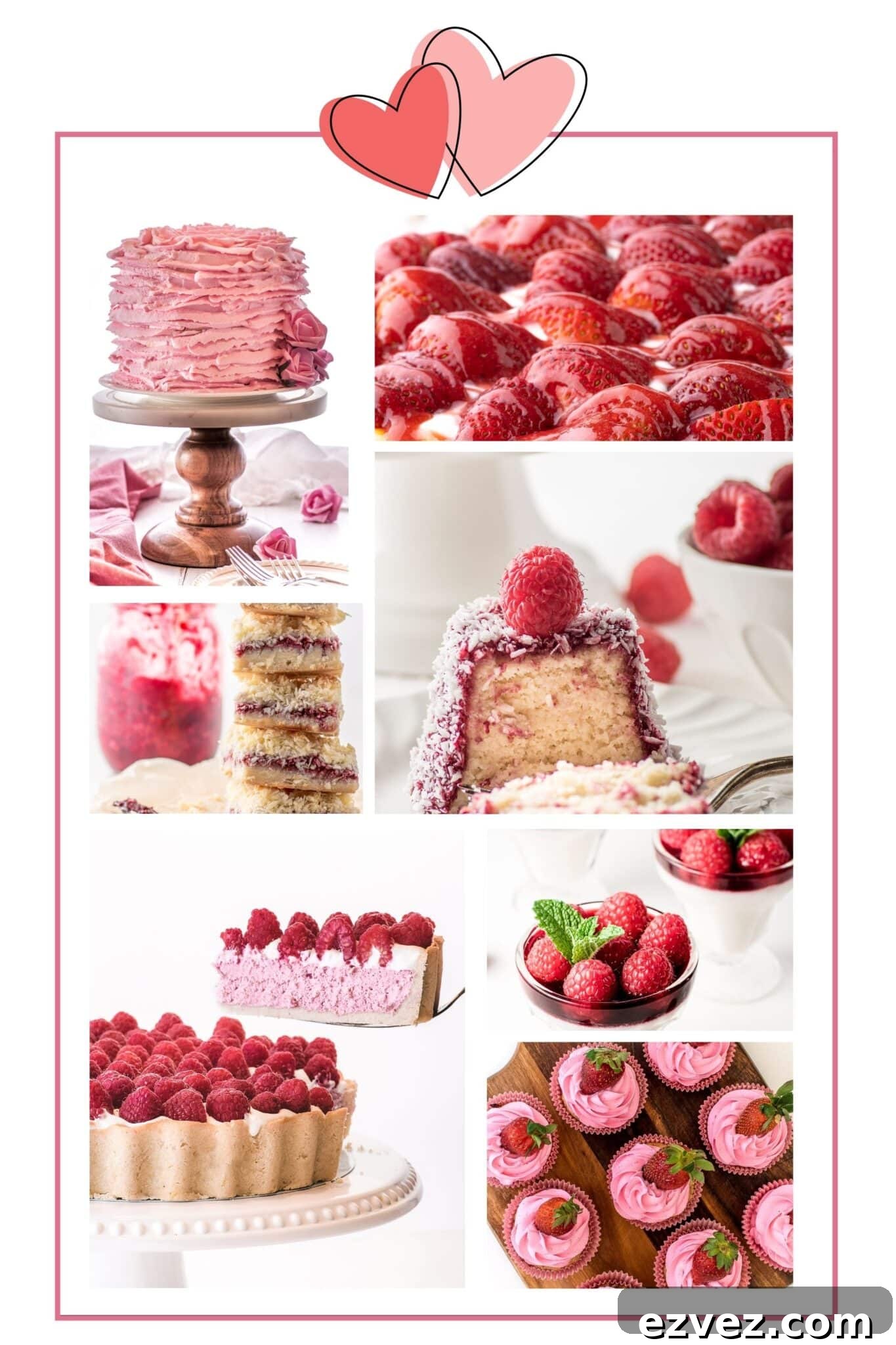 A collage image of many different pink and red romantic desserts we've set aside for Valentine's day. 