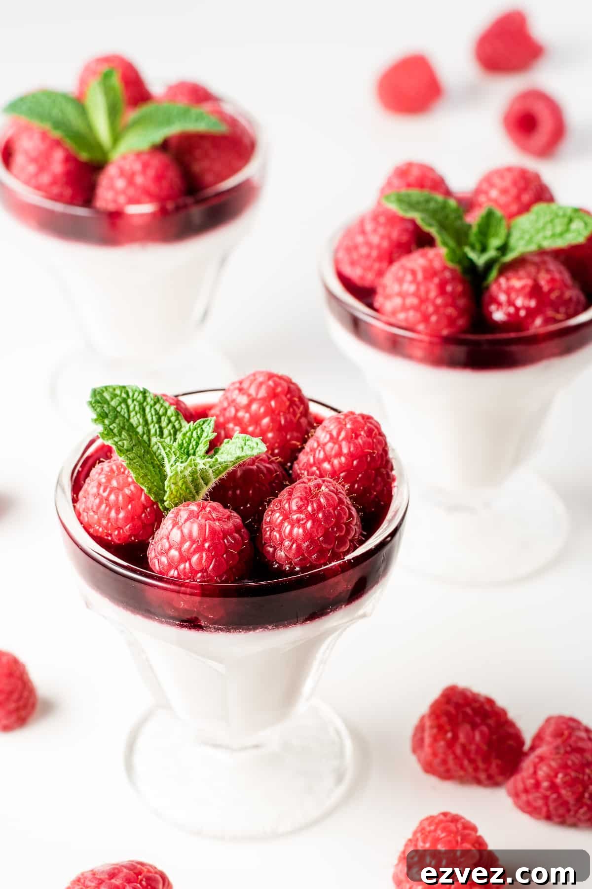 3 sundae bowls layered with pannacotta, raspberry sauce, fresh raspberries and mint sprigs.