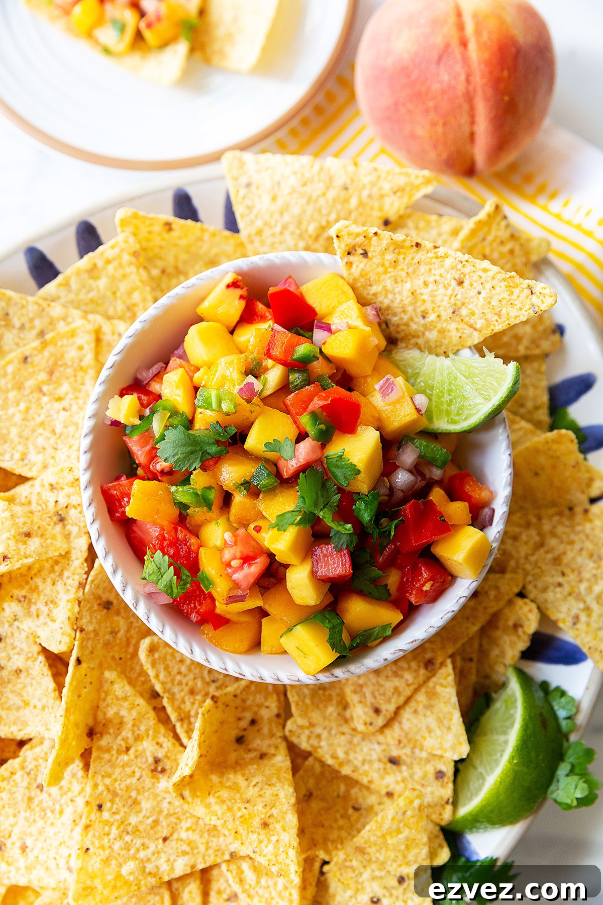 Finished peach mango salsa in bowl