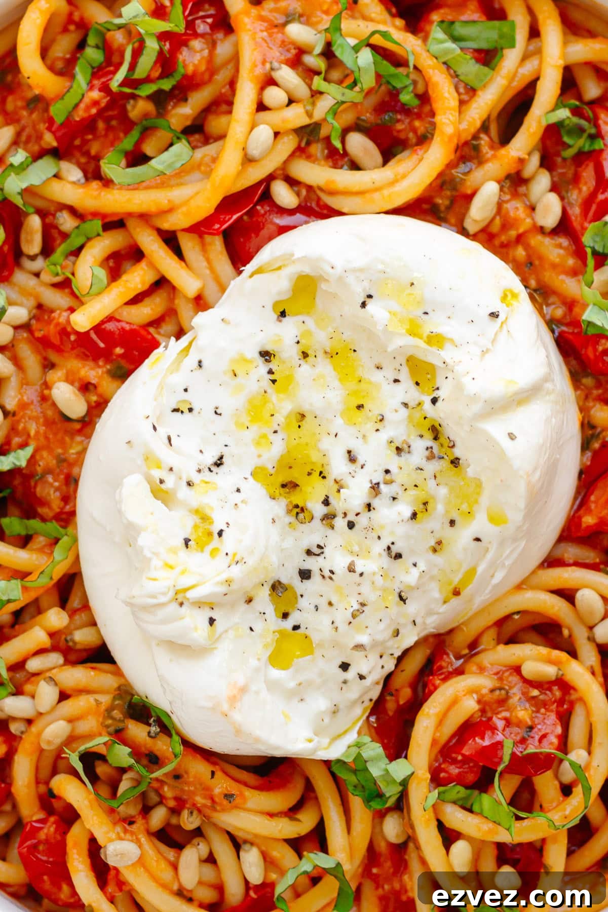 Creamy Burrata Pasta with Cherry Tomato Garlic Butter Sauce 12 Closeup of bucatini pasta tossed with cherry tomato sauce and topped with burrata.