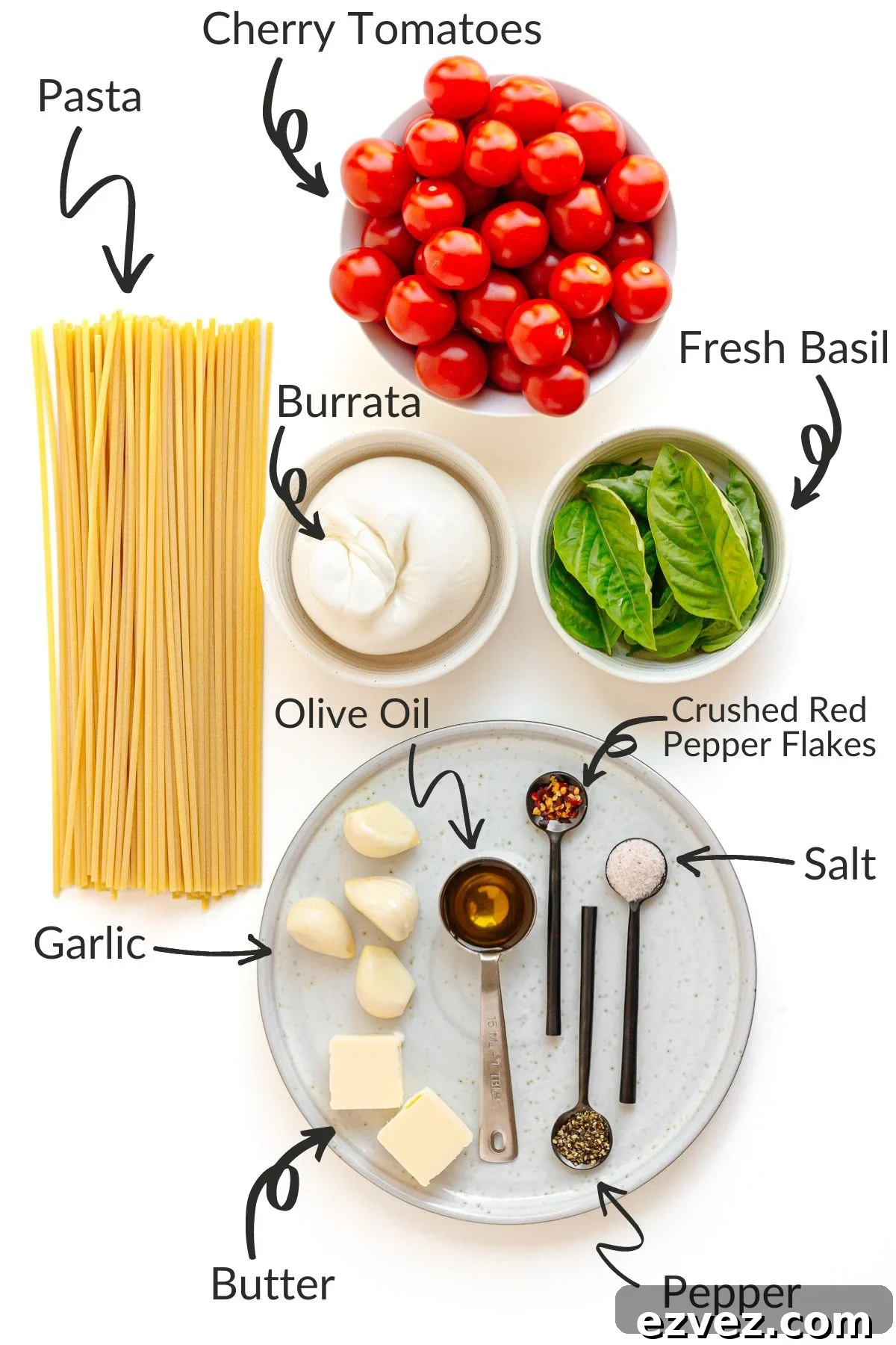 Creamy Burrata Pasta with Cherry Tomato Garlic Butter Sauce 4 Labelled photo of ingredients needed to make pasta with burrata and cherry tomato garlic butter sauce.