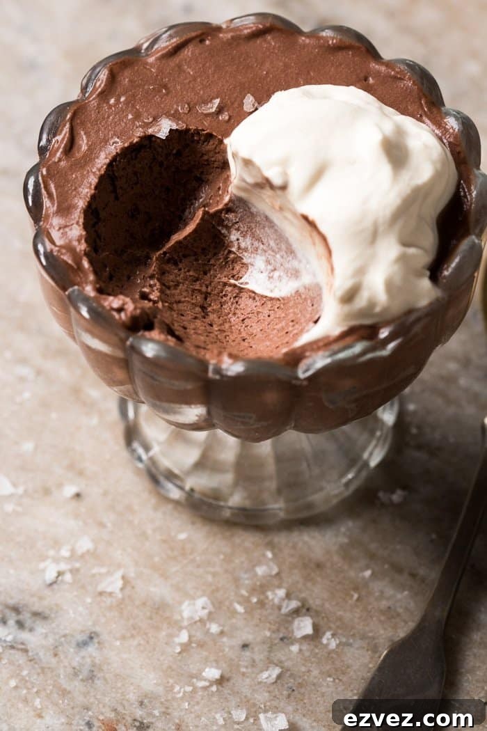Closeup keto chocolate mousse showing fluffy texture