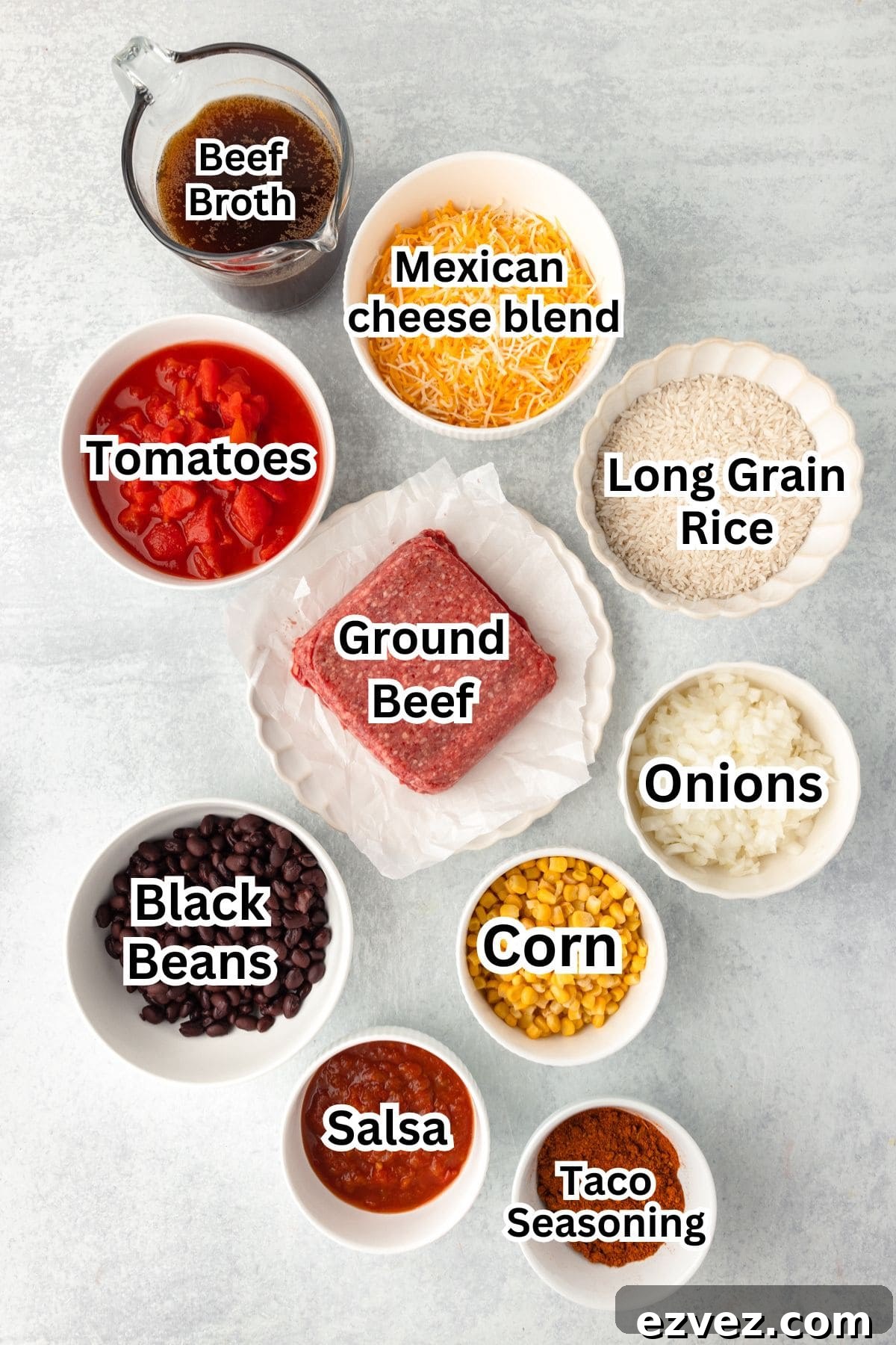 Flat lay of ingredients for Taco Rice Casserole.