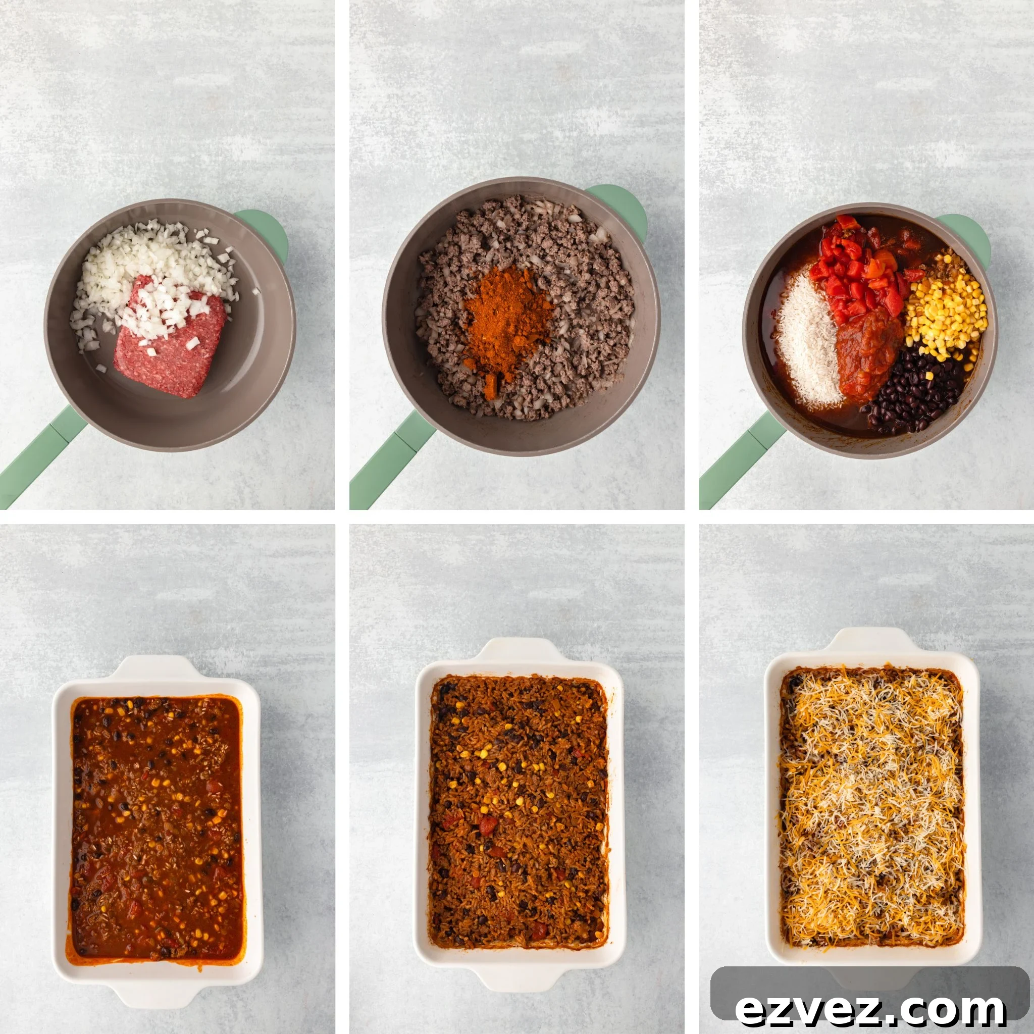 Six-step collage showing the process of making a layered casserole: combining ground beef, onion, spices, tomatoes, corn, beans in a pot, pouring mixture into a baking dish, baking, and topping with melted cheese.