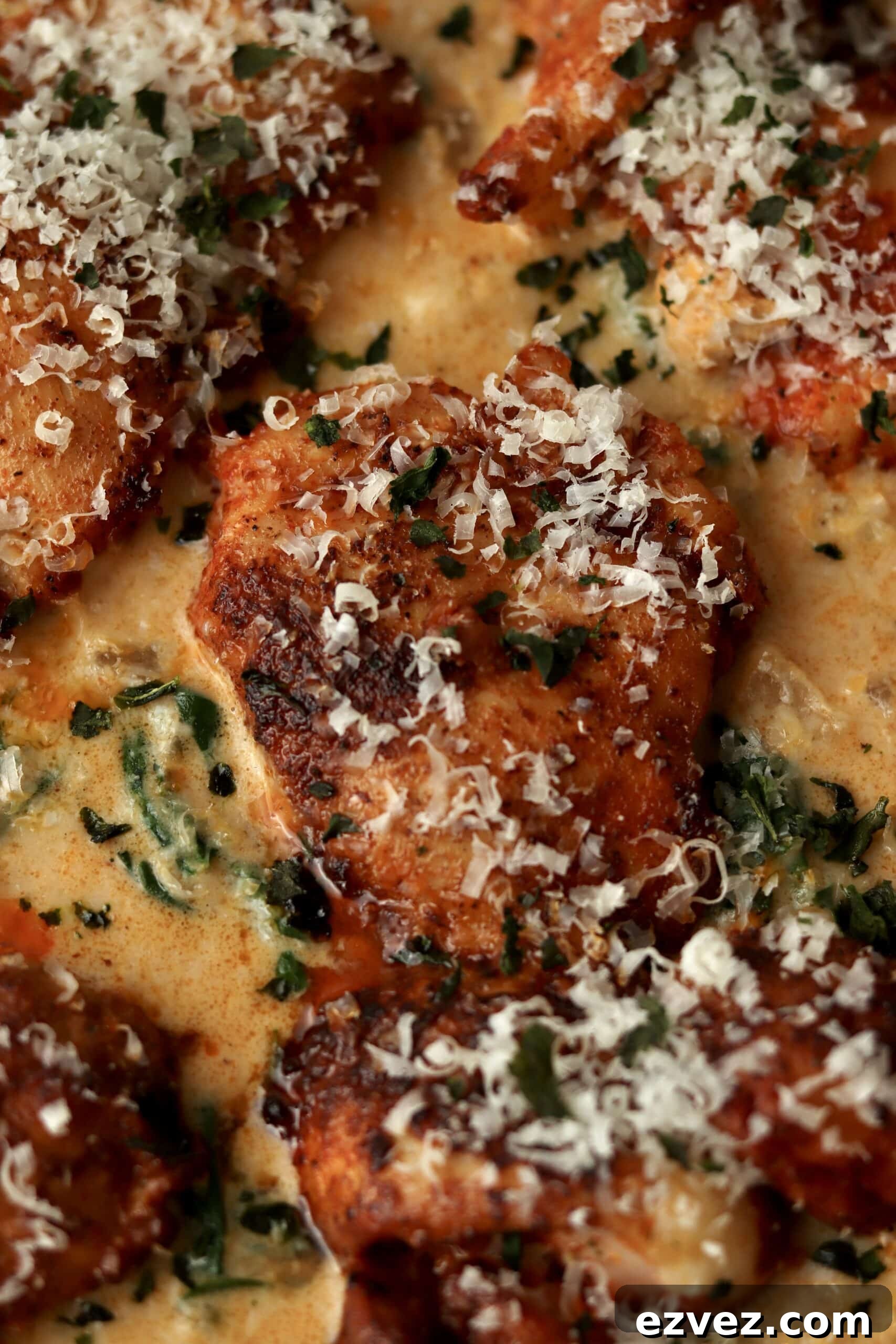 Creamy Chicken Gnocchi with Spinach and Parmesan 11 close up of chicken sprinkled in Parmesan Cheese in cream sauce