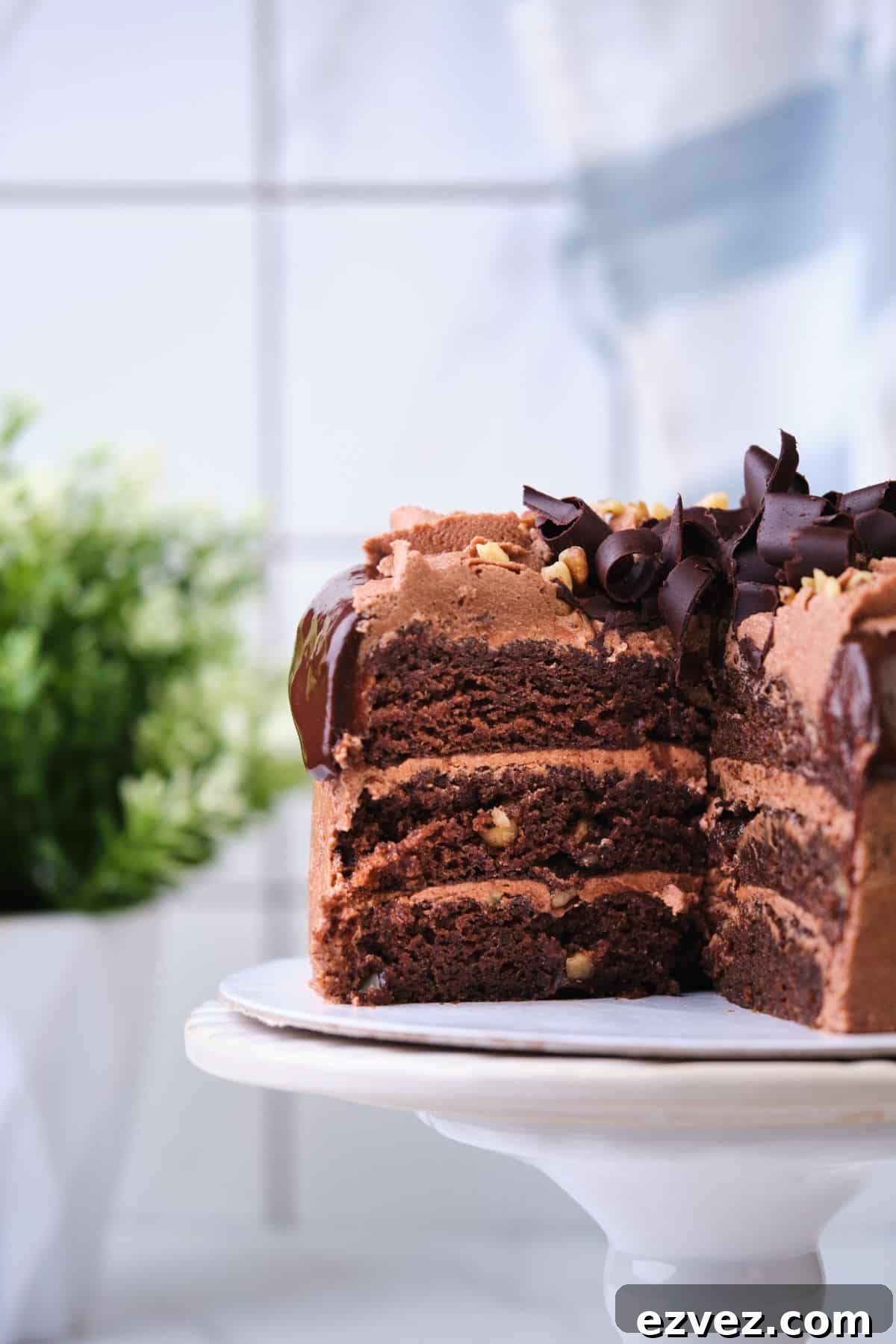 A chocolate walnut layer cake with several slices taken out.