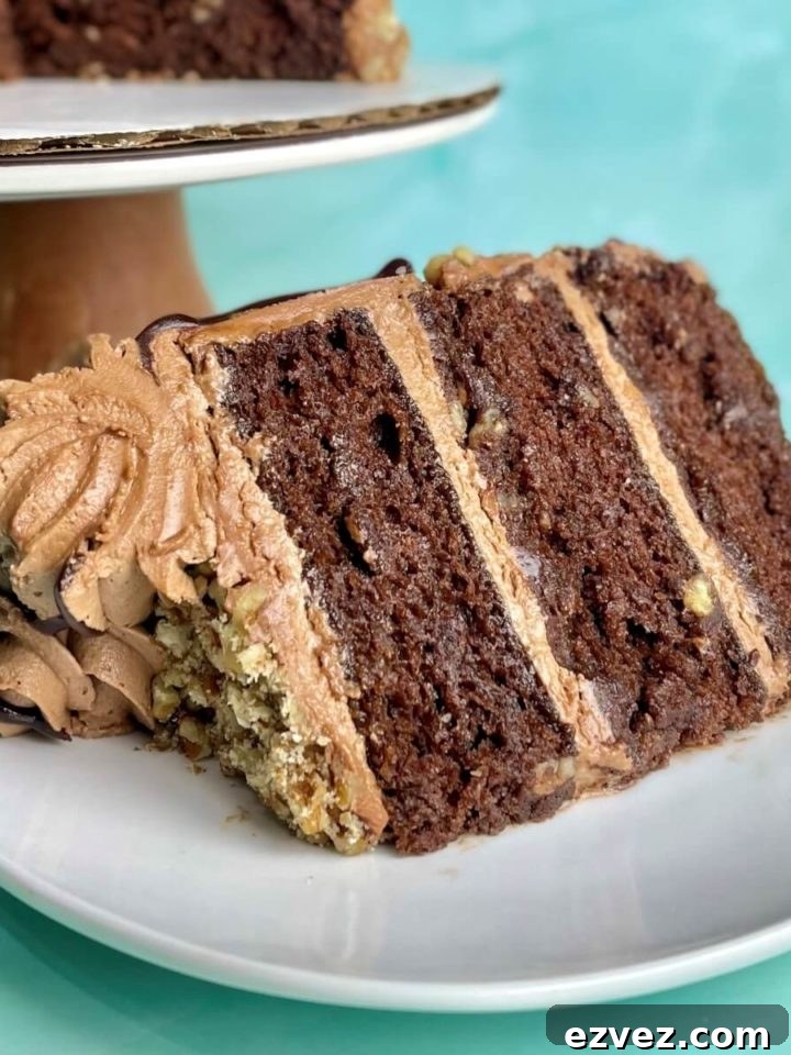a closeup of a slice of moist chocolate cinnamon cake