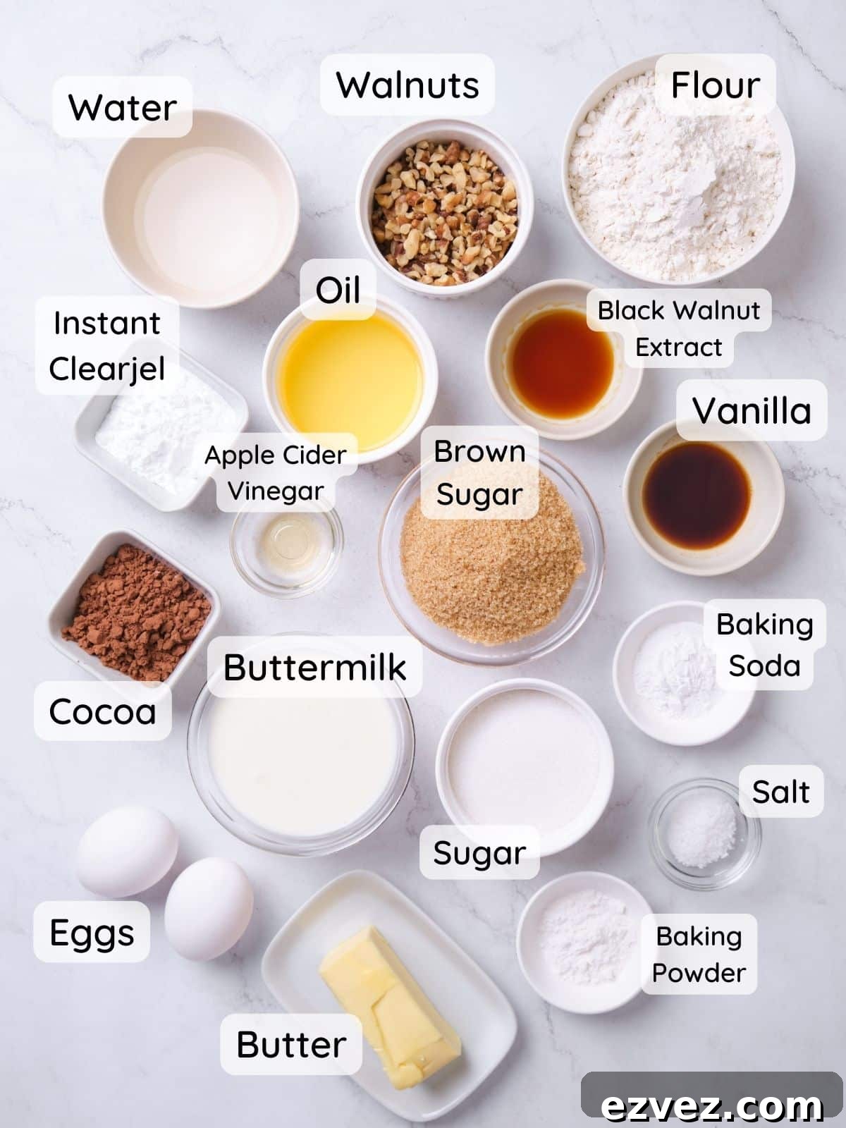 A shot of all the chocolate walnut cake ingredients.