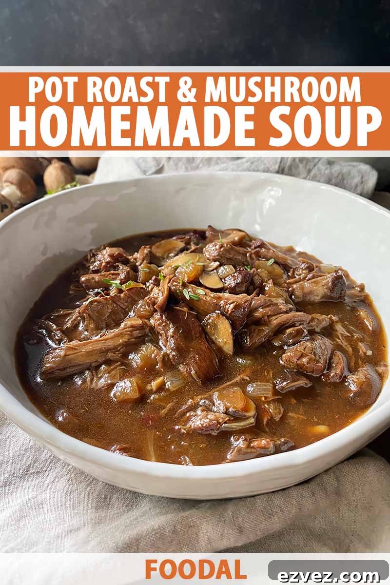 Leftover Pot Roast Mushroom Soup Recipe for Comforting Meals 2 Vertical image of a large bowl filled with a brown, meaty stew, with text on the top and bottom of the image.