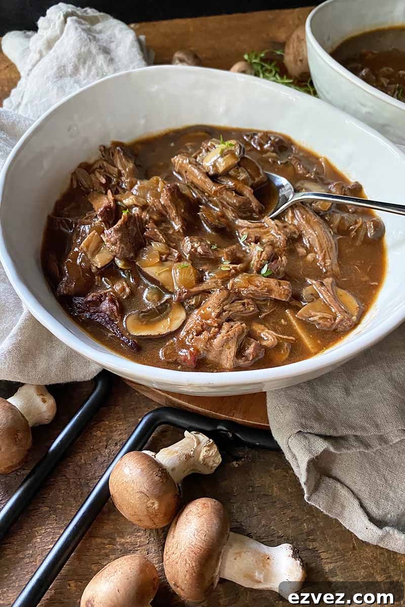 Leftover Pot Roast Mushroom Soup Recipe for Comforting Meals 5 Vertical image of a bowl of meat and vegetable stew in a dark broth on a stand next to mushrooms.