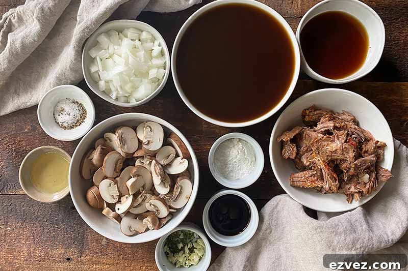 Leftover Pot Roast Mushroom Soup Recipe for Comforting Meals 8 Horizontal image of assorted prepped ingredients in various white bowls.