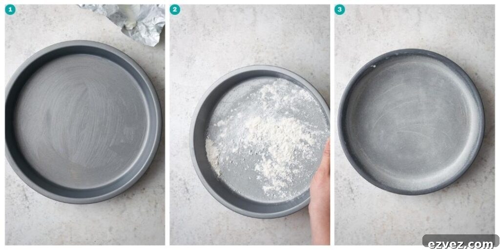 Greasing and flouring a round baking pan.