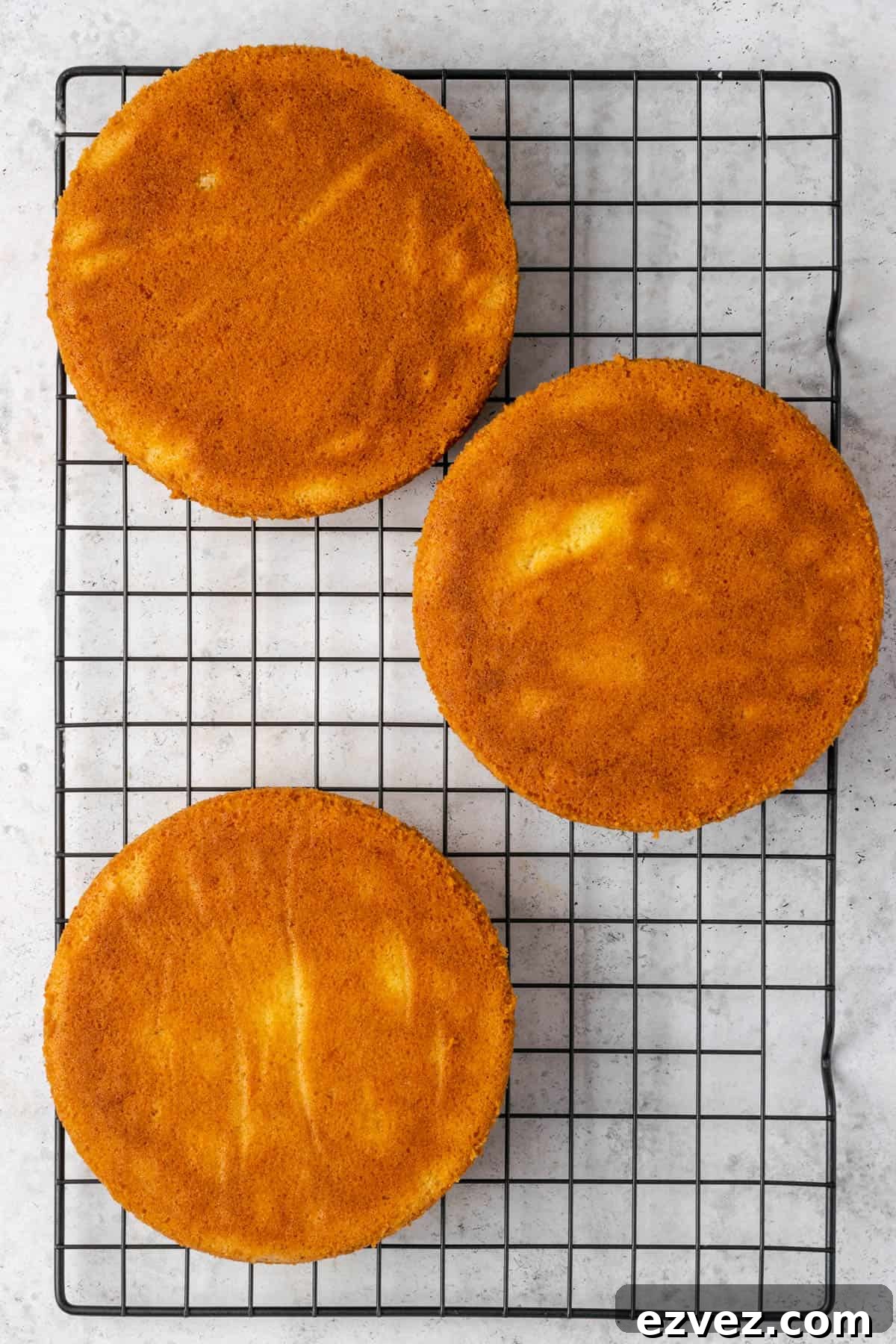 Baked cake rounds cooling on a wire rack.