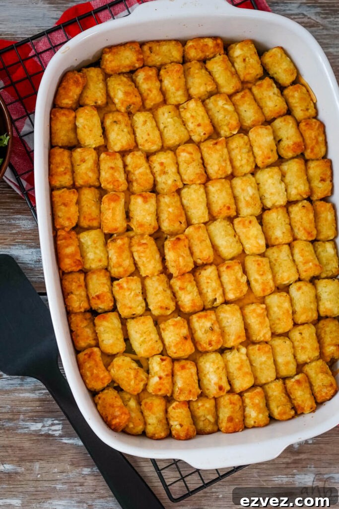 Big Mac Tater Tot Casserole Recipe: Cheesy Beef & Tots Bake 10 The freshly baked casserole with golden brown tater tots sits on a black cooling rack.