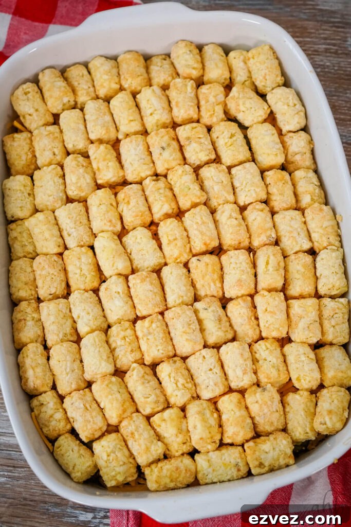 Big Mac Tater Tot Casserole Recipe: Cheesy Beef & Tots Bake 9 Ground beef, pickles, and shredded cheddar are topped with tater tots in a white baking dish.