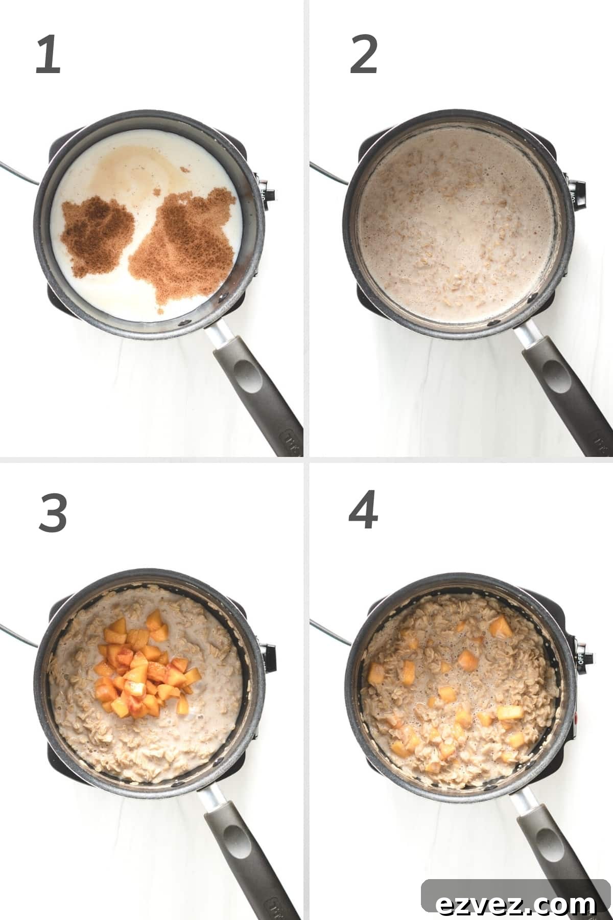 Collage showing how to make peaches and cream oatmeal.