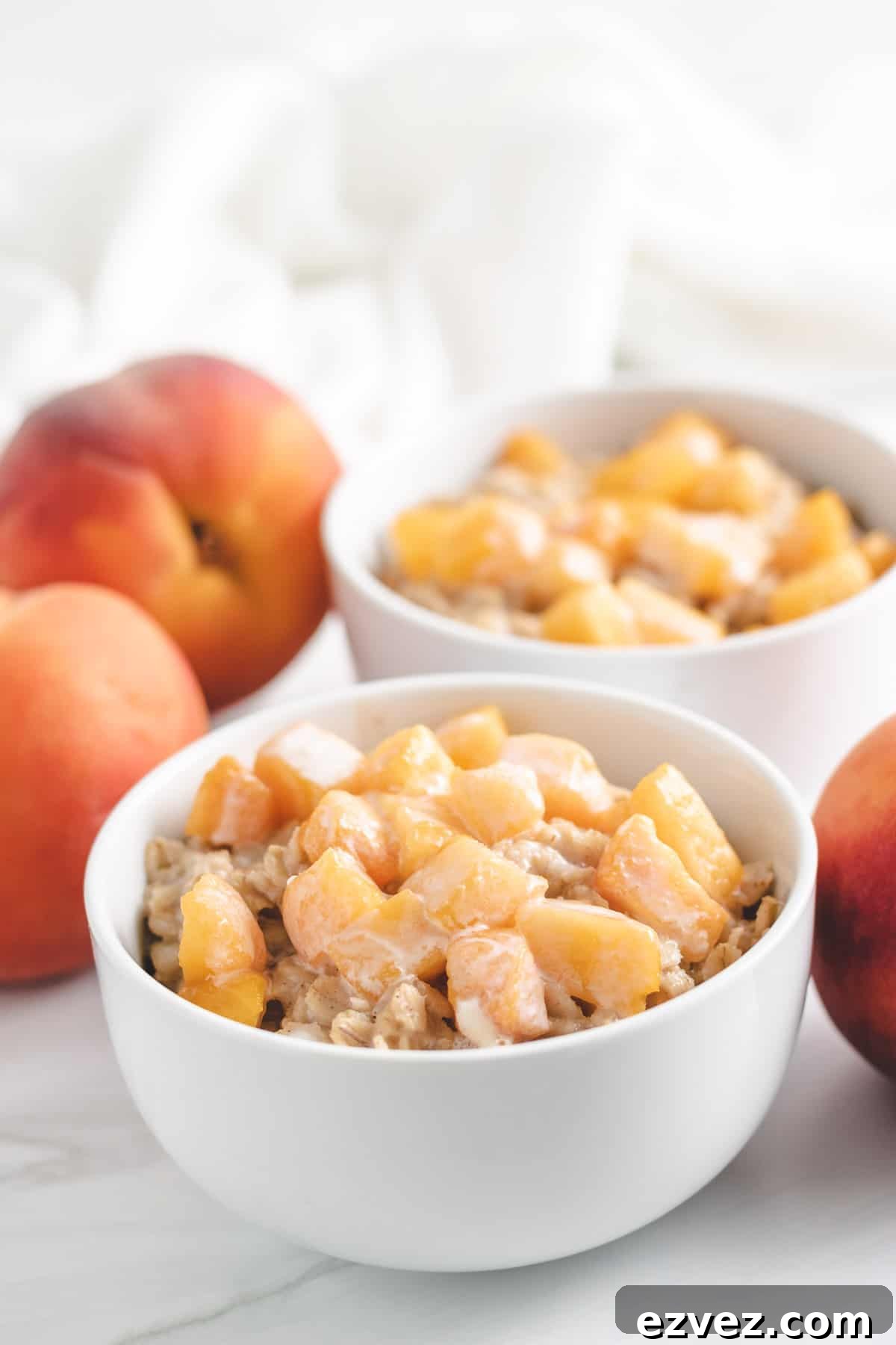 Two bowls of oatmeal with fresh fruit.