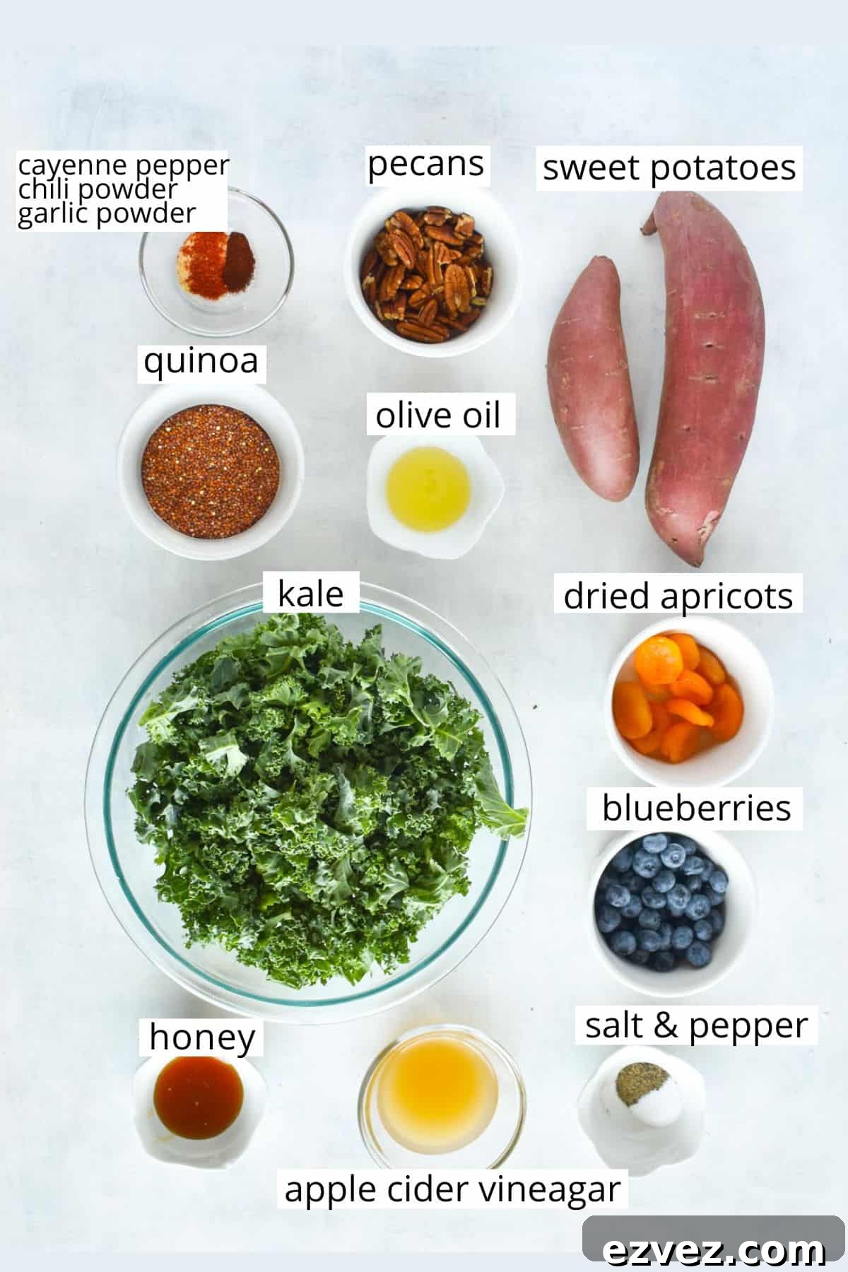 ingredients for recipe laid out and labeled. 
