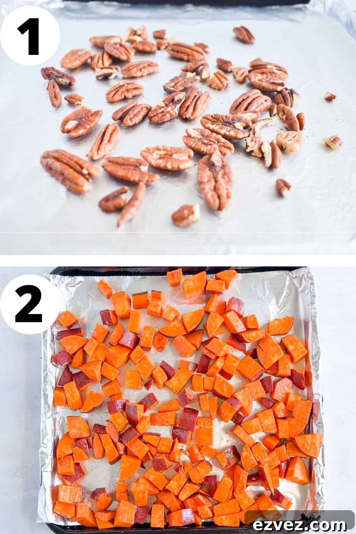 two images showing how to toast pecans and roast sweet potatoes. 