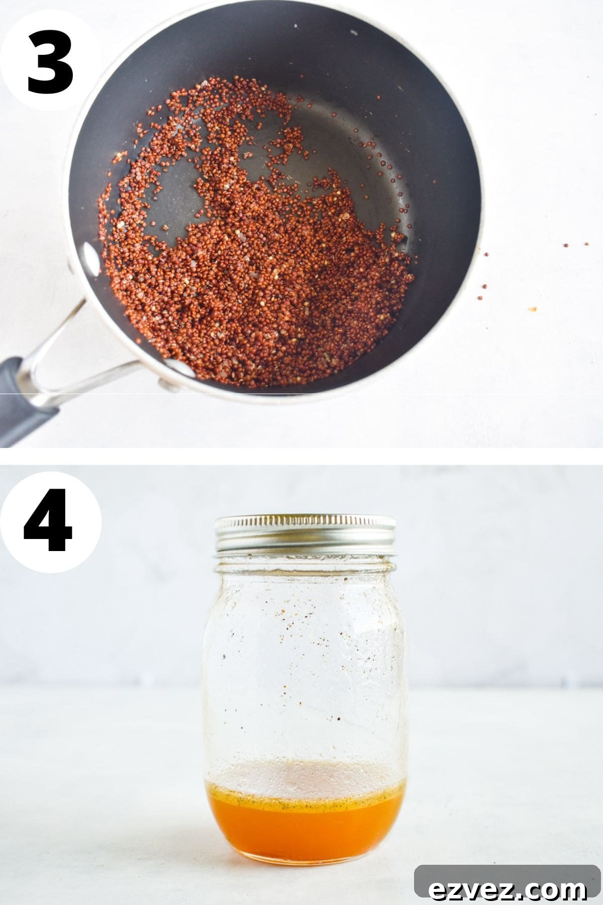 two images showing cooked quinoa in a pot and dressing in a jar. 