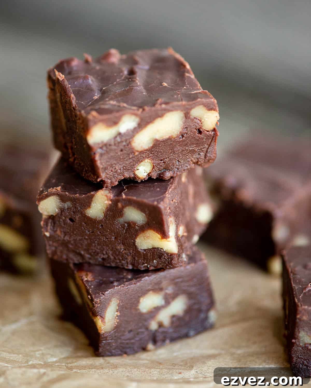 stack of chocolate fudge with walnuts.