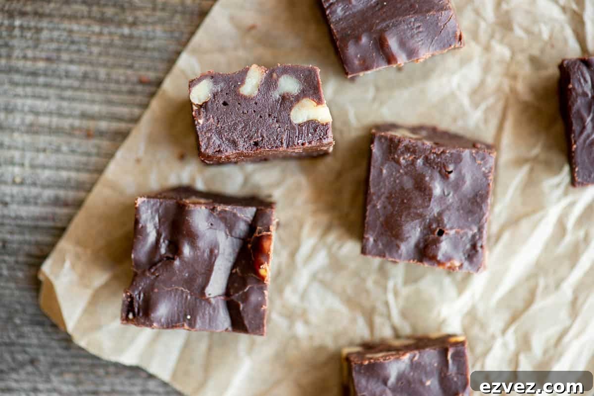homemade microwave fudge cut into squares.