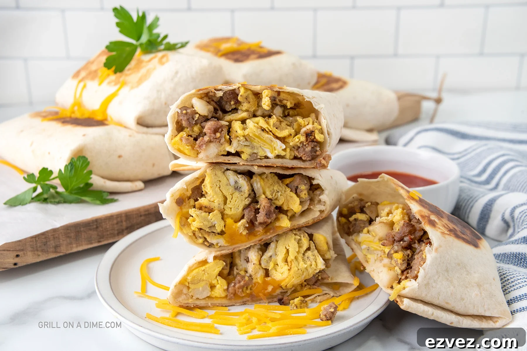 Breakfast Burritos cut in half and stacked on a plate