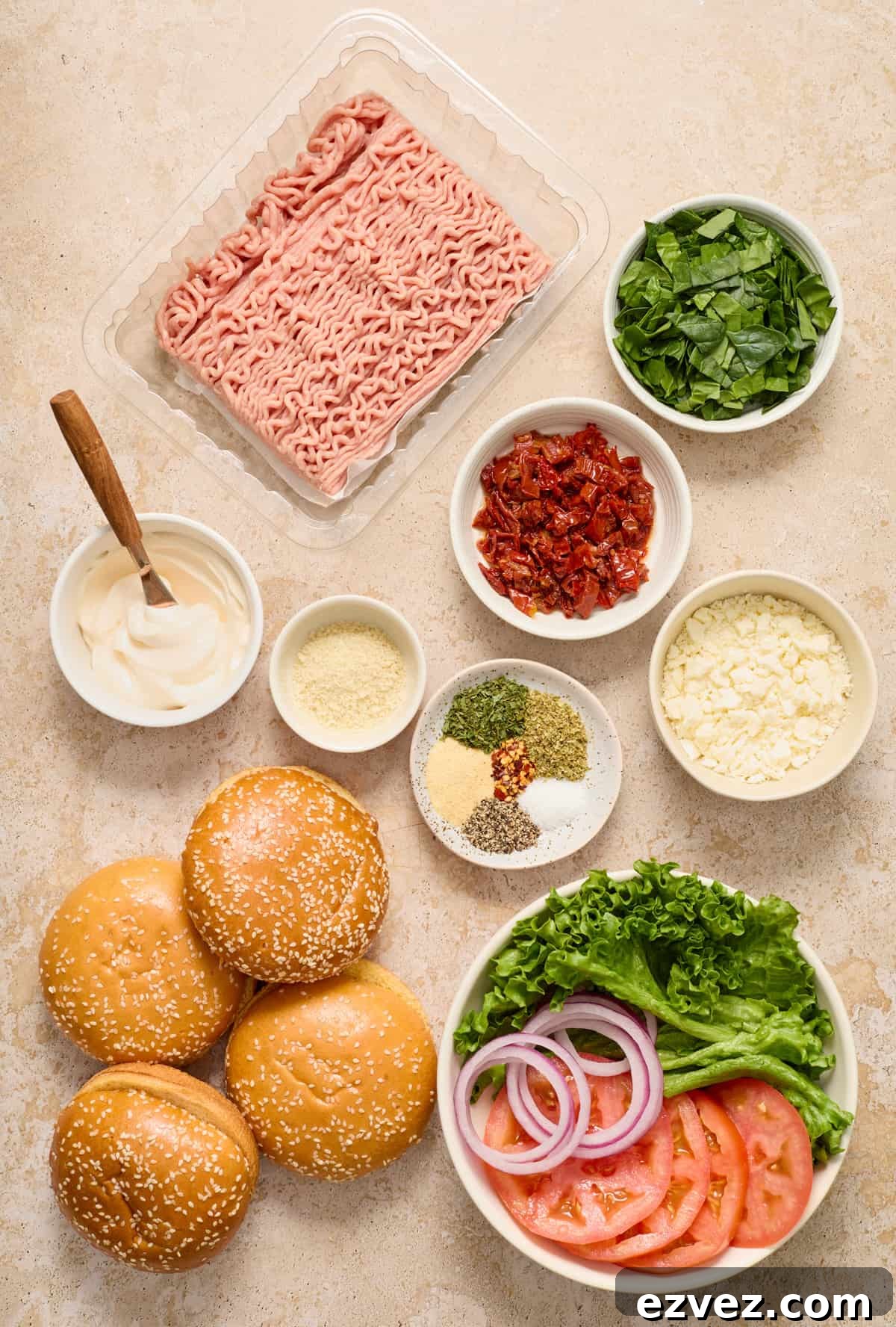 Ground turkey, spinach, seasoning, feta, and other ingredients.