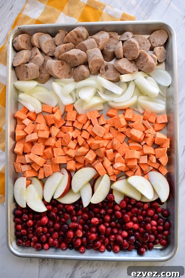 top view of colorful uncooked Sheet Pan Cranberry Chicken Sausage