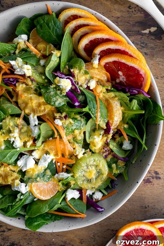 Up-close view of Winter Salad with Citrus Honey Dressing.
