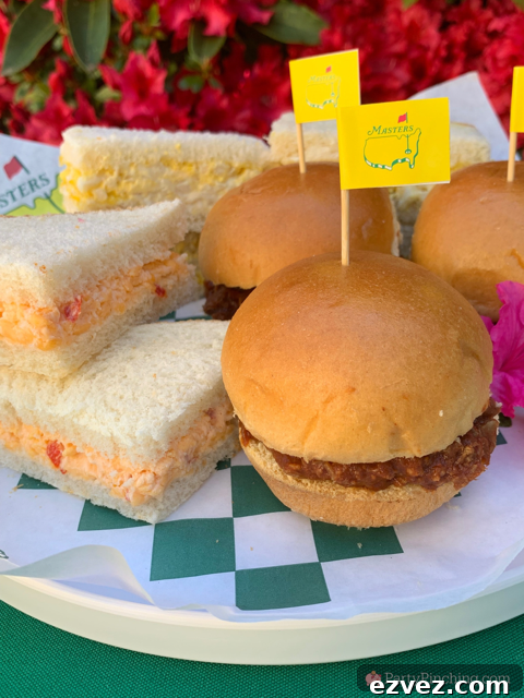 The ultimate Masters party, Augusta National Golf, Masters Golf Tournament, Masters viewing watch party ideas, best Masters Party, Taste of the Masters, Goldbelly, best easy pimento cheese sandwiches, best eggs salad sandwiches, best easy Masters peach ice cream sandwich mini recipe, Masters Azalea Drink recipe original authentic, Masters cookie, Masters golf popcorn, DIY Masters menu sign