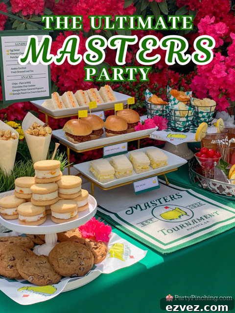 The ultimate Masters party, Augusta National Golf, Masters Golf Tournament, Masters viewing watch party ideas, best Masters Party, Taste of the Masters, Goldbelly, best easy pimento cheese sandwiches, best eggs salad sandwiches, best easy Masters peach ice cream sandwich mini recipe, Masters Azalea Drink recipe original authentic, Masters cookie, Masters golf popcorn, DIY Masters menu sign