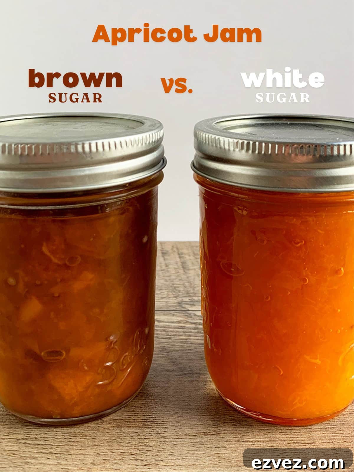 Brown sugar apricot jam side-by-side with white sugar jam with text labeling each.