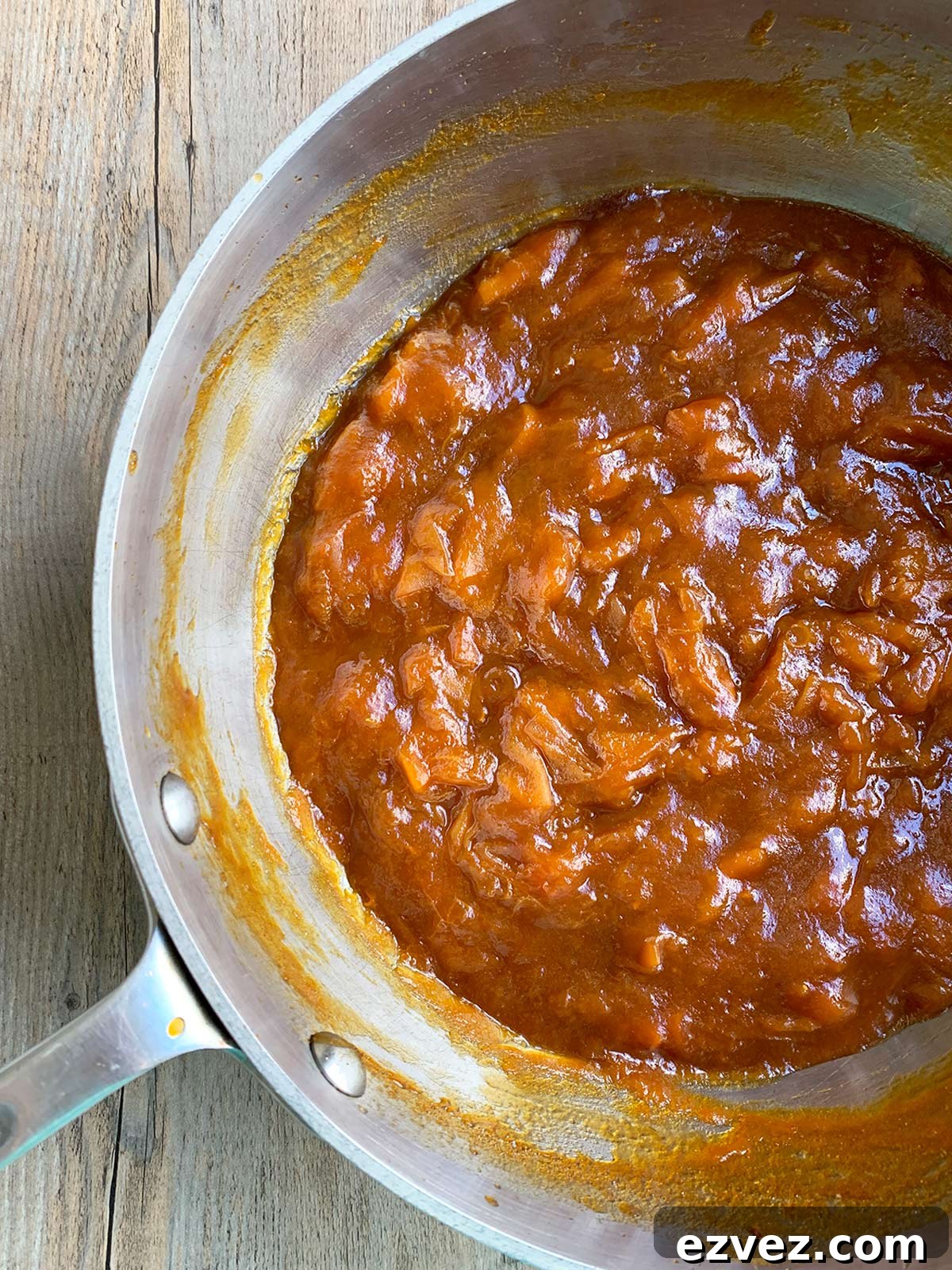 Brown sugar apricot jam ready to go in jar but still in the pot.