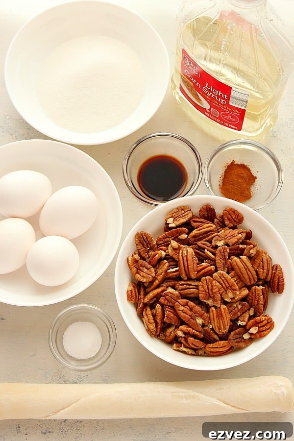 Pecan Pie ingredients on a white board.