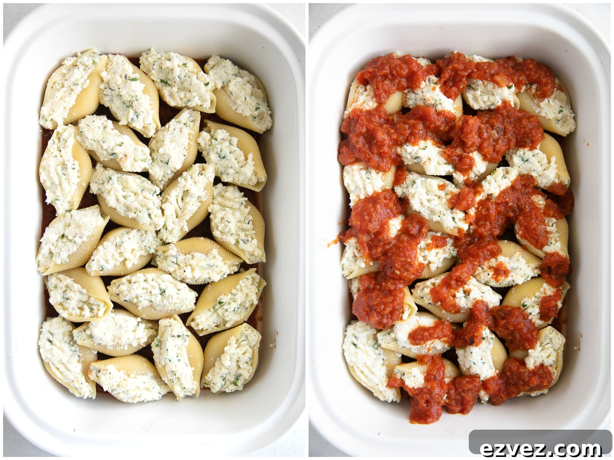Baked Ricotta Stuffed Shells with Marinara 6 White baking dish filled with shells stuffed with ricotta cheese and topped with homemade marinara sauce