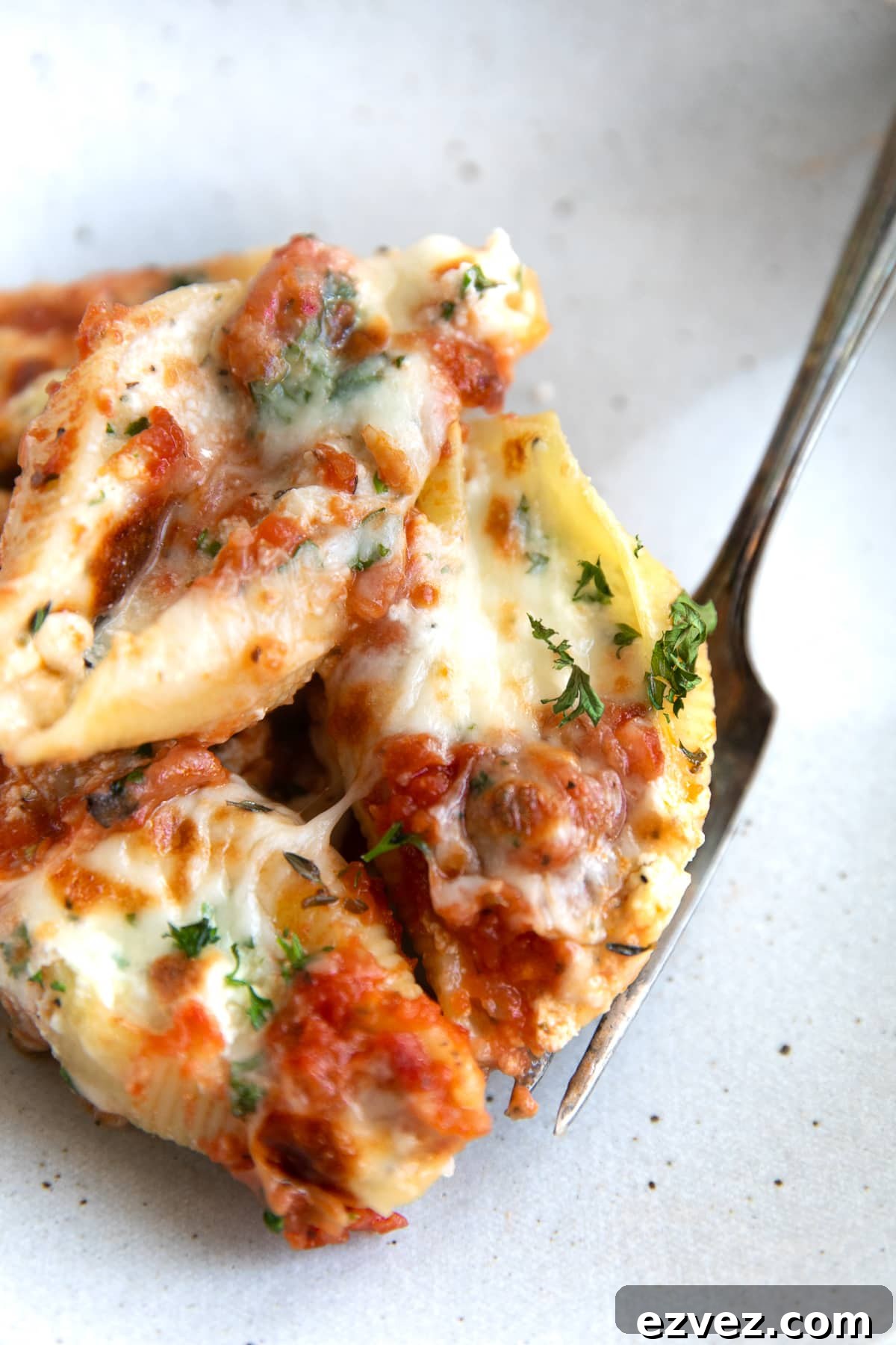 Baked Ricotta Stuffed Shells with Marinara 7 Small dinner plate with 5 pasta shells stuffed with ricotta cheese.