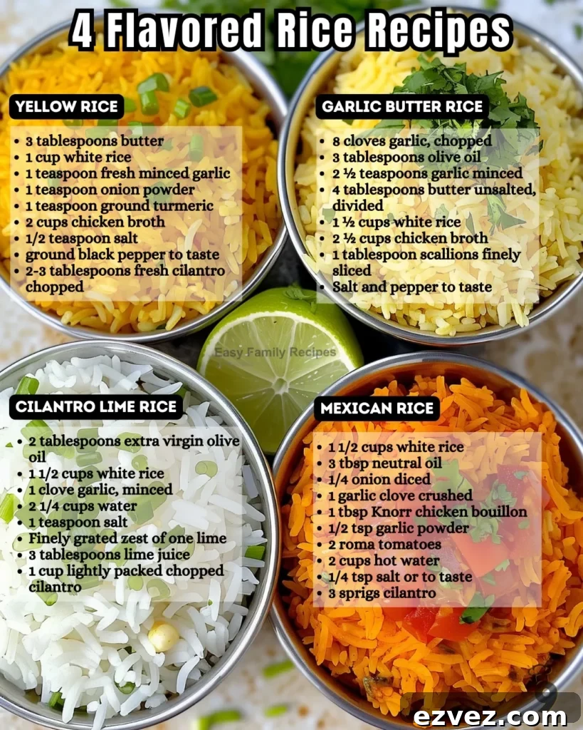 A vintage-style recipe card featuring four easy rice dishes: Turmeric Rice, Mexican Rice, Lemon Rice, and Fried Rice. Each section shows a bowl of cooked rice with ingredients listed beneath. Designed with warm colors and clear typography, perfect for saving as a simple rice guide. Ideal for searches such as easy rice recipes, rice side dishes, budget meals, and beginner cooking ideas.