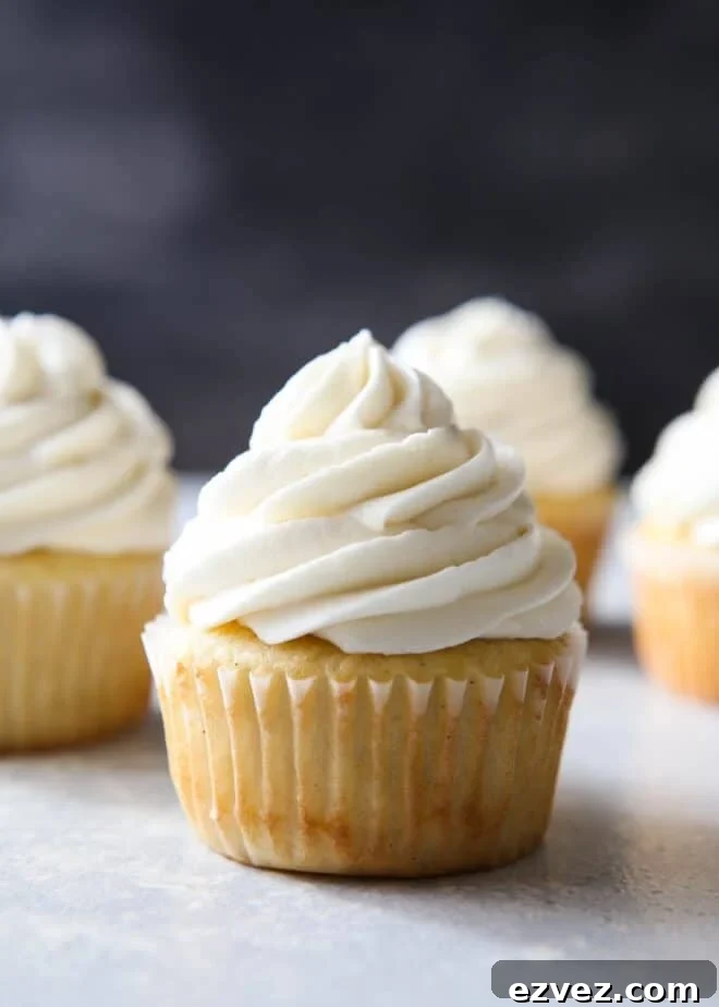The fluffiest and creamiest vanilla frosting, piled on a cupcake