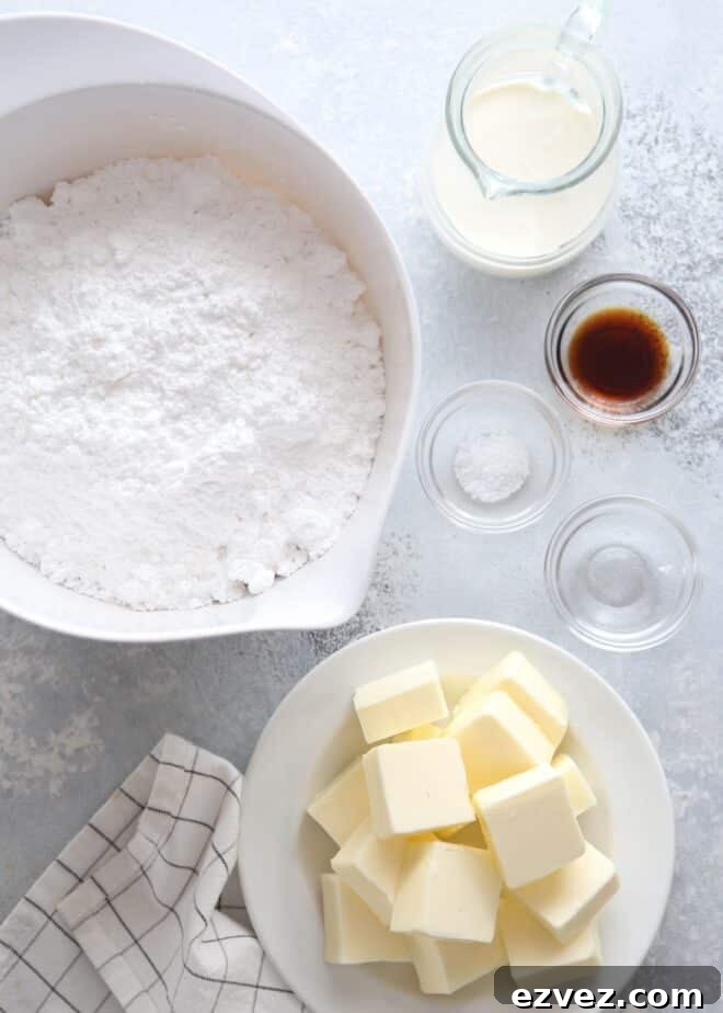 Ingredients needed for whipped vanilla frosting