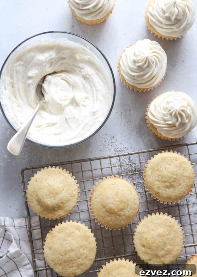 Frosting cupcakes with this fluffy whipped vanilla frosting