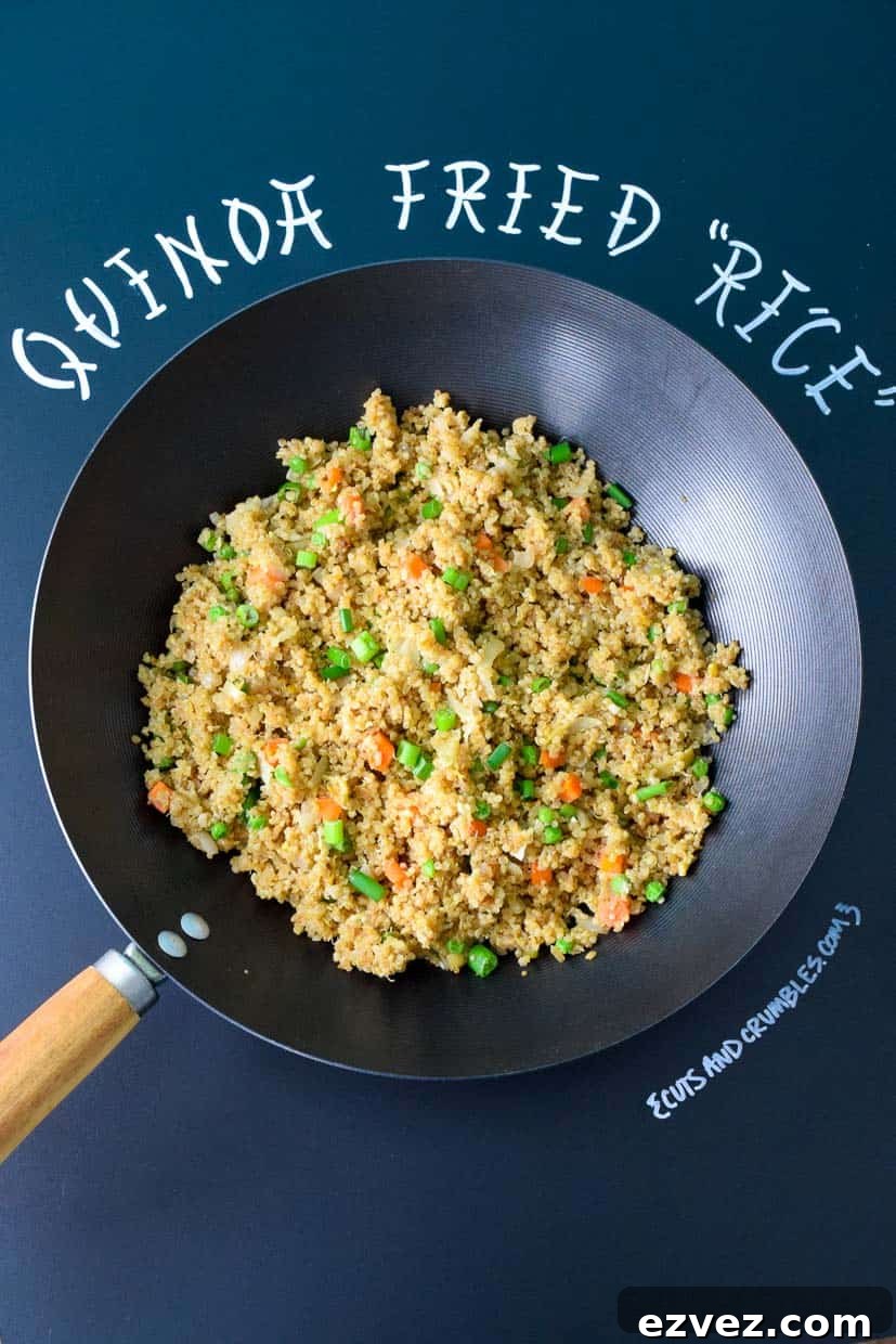 Quinoa Fried Rice in Wok with Chalkboard Title