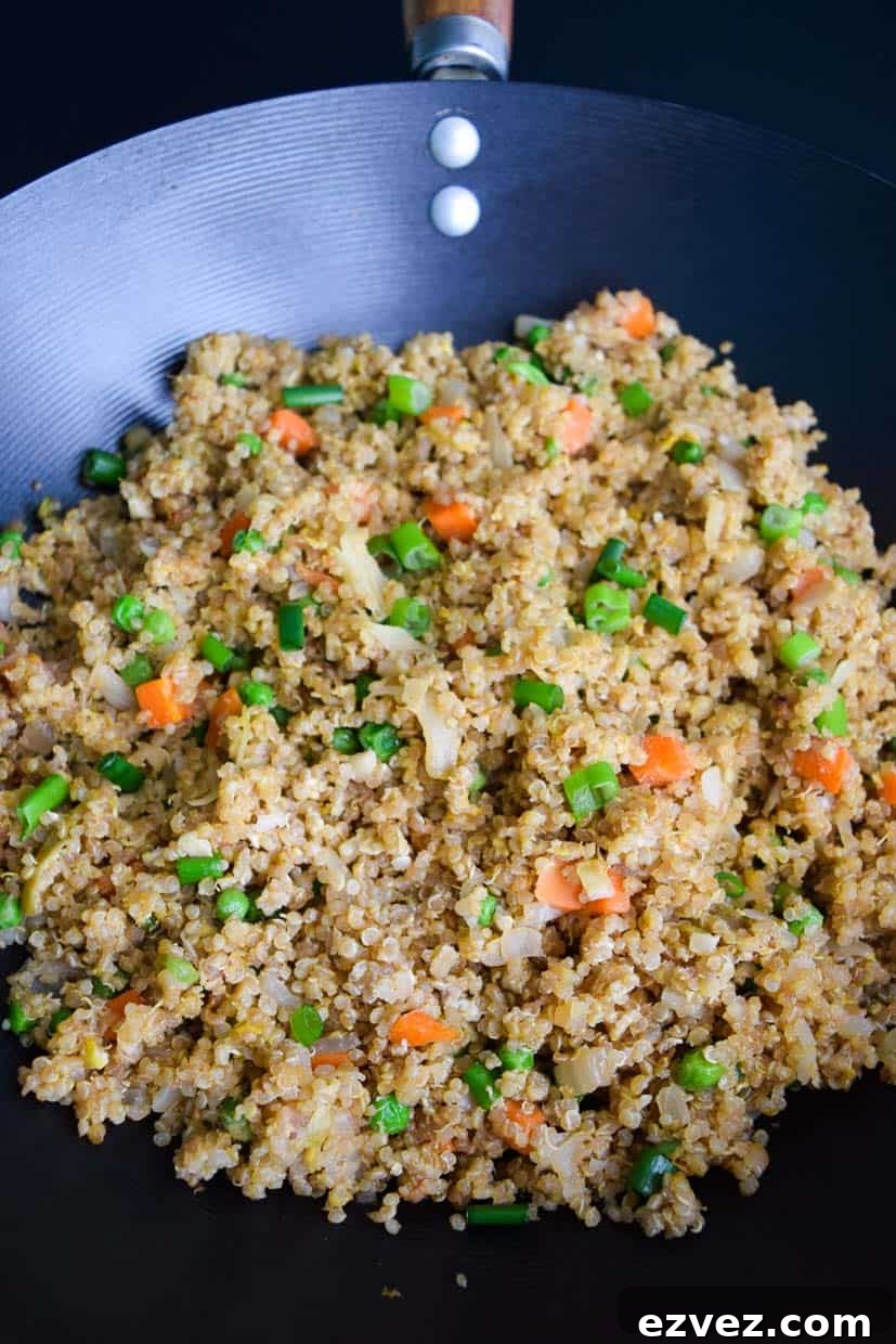 Quinoa Fried Rice in Wok Pan close up