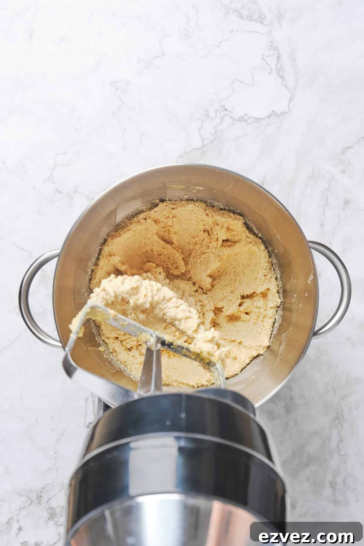 Butter and sugars creamed in a stand mixer.